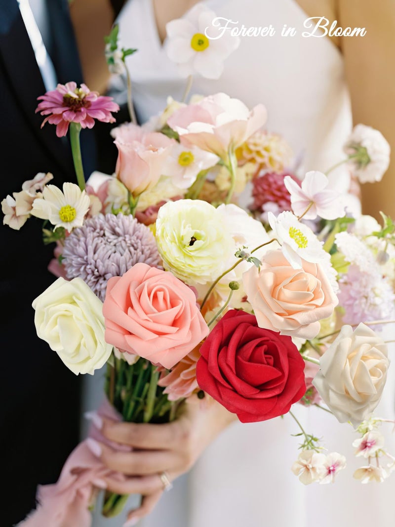 MACTING 30PCS Artificial Flower Roses Real Touch Fake Spring Flowers with Stem Foam Roses for DIY Wedding Bouquet Floral Arrangements Table Centerpieces Party Home Valentines Day Decor (Mix Color 3) - Image 2